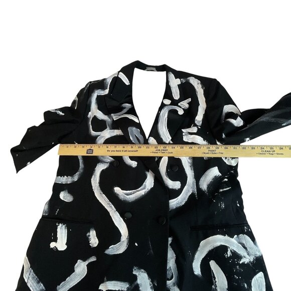 Hand-Painted Abstract Pattern Blazer Jacket Mens Black White Double-Breasted - Picture 6 of 8